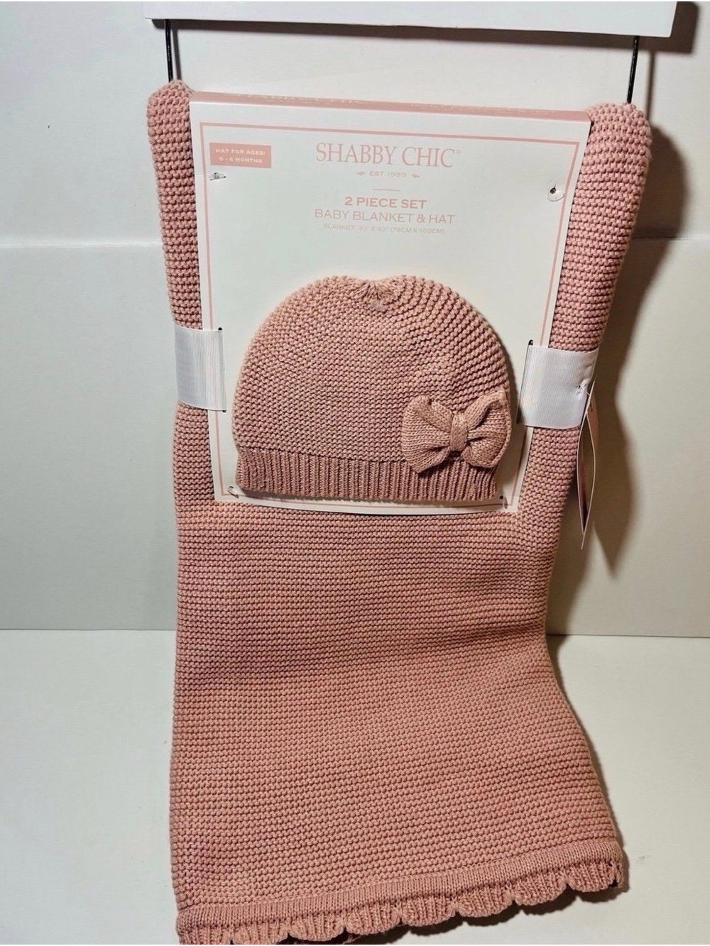 Shabby Chic 2 Piece Pink Baby Blanket 30" x 40" and Hat with Bow Set 0-6 Months